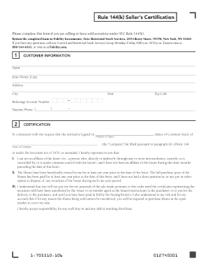 Rule 144(k) Seller’s Certification