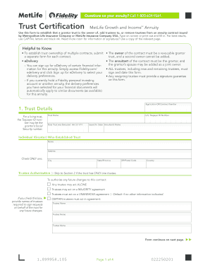 MetLife Growth and IncomeSM Annuity Trust Certification Form