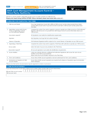 BWA Cash Management Account Third Party Authority Form