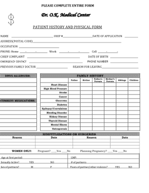 Patient History and Physical Form