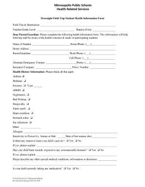 Overnight Field Trip Student Health Information Form