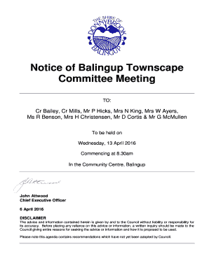 Notice of meeting and agenda sample - Balingup Townscape Committee Meeting Agenda 13 April 2016