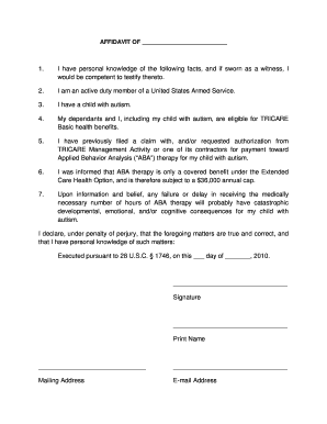 Affidavit for TRICARE ABA Therapy
