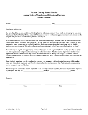 Putnam County School District Annual Notice of Supplemental Educational Services