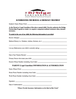 Authorization for Medical and Emergency Treatment