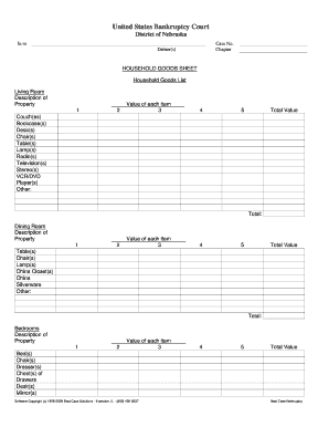 Household Goods Sheet for Bankruptcy