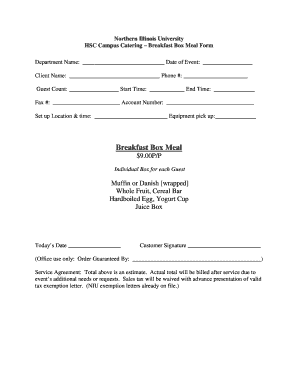 Northern Illinois University Breakfast Box Meal Form