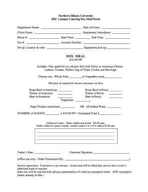 Northern Illinois University Catering Box Meal Form