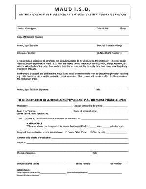 Maud I.S.D. Prescription Medication Authorization Form