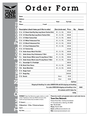 Order Form for Tactical and Professional Apparel