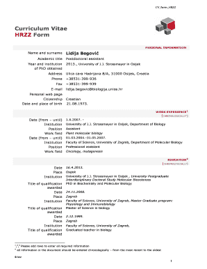HRZZ Curriculum Vitae Form