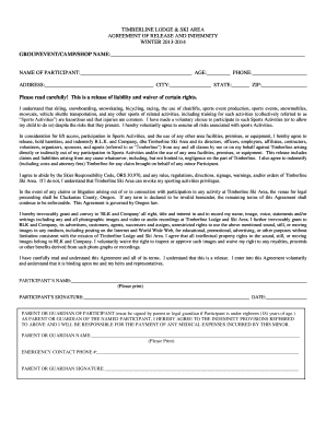 Timberline Ski Area Release and Indemnity Agreement