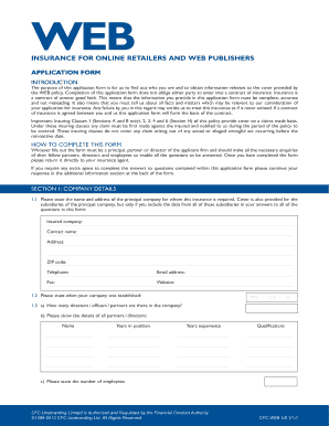 WEB Insurance Application Form for Online Retailers and Web Publishers