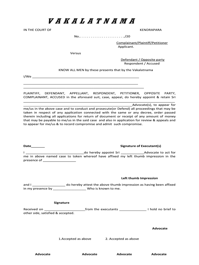 Vakalatnama In Hindi Pdf Fill Online Printable Fillable Blank 