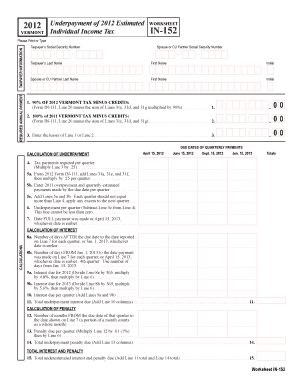 Vermont Individual Income Tax Underpayment Worksheet