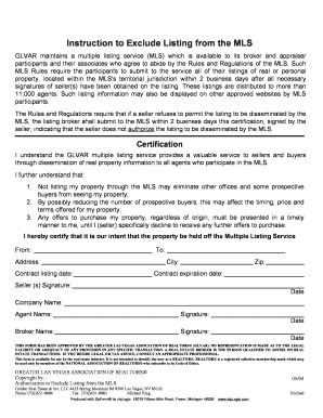Authorization to Exclude Listing from the MLS