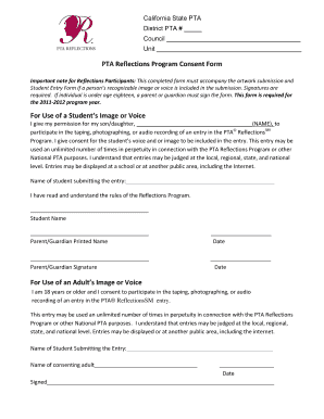 PTA Reflections Program Consent Form
