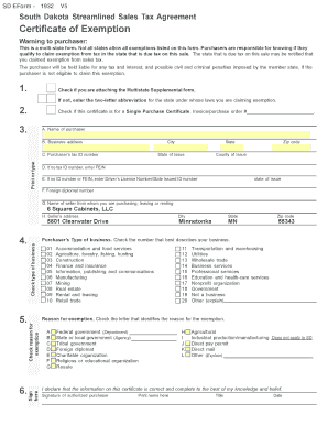 South Dakota Streamlined Sales Tax Agreement Certificate of Exemption