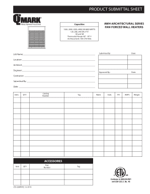 Product Submittal Sheet for AWH Architectural Series Fan-Forced Wall Heaters