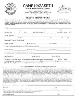Health History Form for Camp Attendance