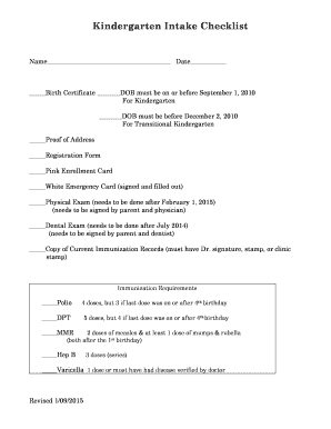 Kindergarten Intake Checklist