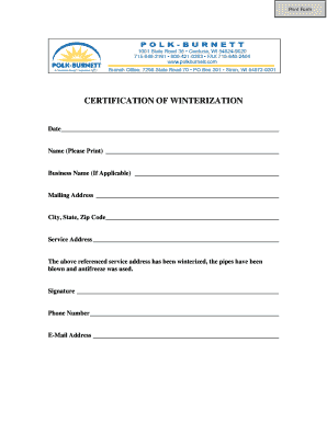 Certification of Winterization Form
