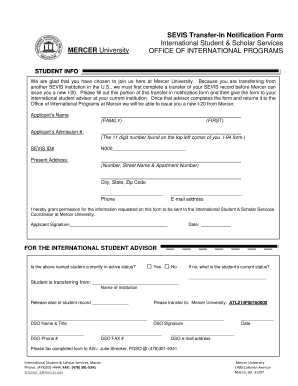 SEVIS Transfer-In Notification Form