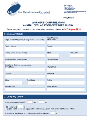 Workers' Compensation Annual Declaration of Wages 2013/14
