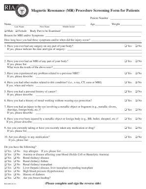 MRI Procedure Screening Form for Patients