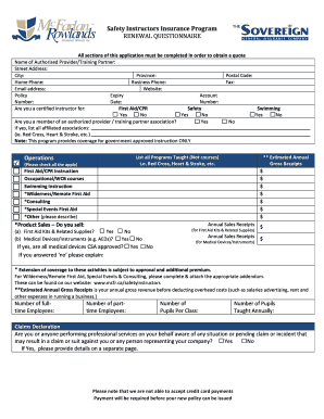 Safety Instructors Insurance Program Renewal Questionnaire