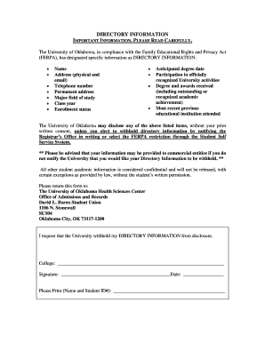 FERPA Directory Information Withholding Form