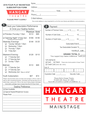 2016 Hangar Theatre Subscription Form