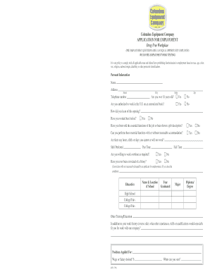 Columbus Equipment Company APPLICATION FOR EMPLOYMENT Drug