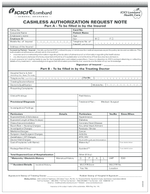 ICICI Lombard Cashless Authorization Request