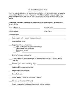 4-H Parent Participation Sheet
