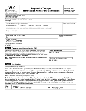 IRS Form W-9 Request for Taxpayer Identification Number and Certification