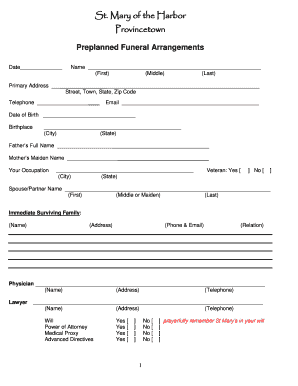 Preplanned Funeral Arrangements Form