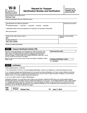 IRS Form W-9 Request for Taxpayer Identification Number and Certification