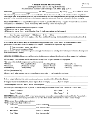 Camper Health History Form
