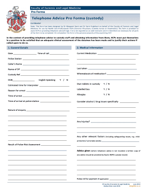 Telephone Advice Form for Custody
