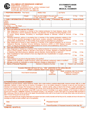 Columbian Life Insurance Medical Examiner Form