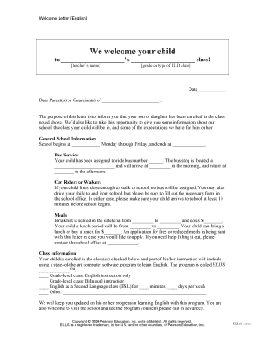 Welcome Letter for ELLIS Class Enrollment