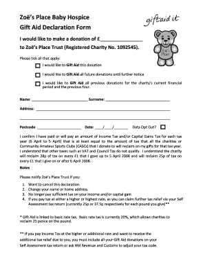 Zoë’s Place Gift Aid Declaration Form