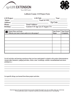Lubbock County 4-H Project Form