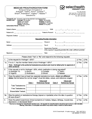 Medicaid Preauthorization Form for Testosterone Therapy