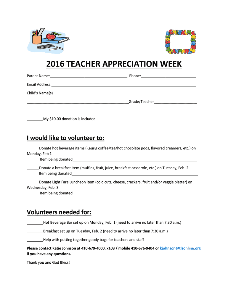 Fillable Online 2016 Teacher Appreciation Week Sign Up Sheet Fax Email