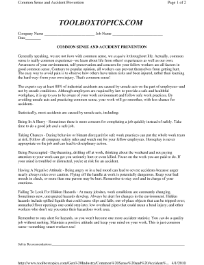 Common Sense and Accident Prevention Form