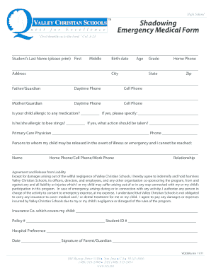 Valley Christian Schools Emergency Medical Form