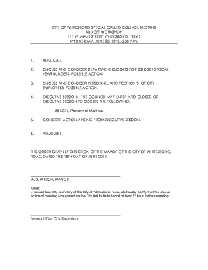 Executive meeting example - City Council Special Called Meeting Agenda for 6202012