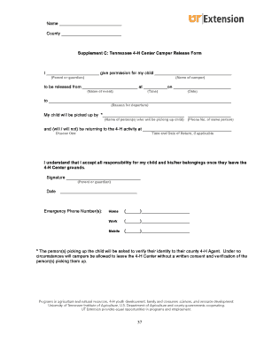 Tennessee 4-H Center Camper Release Form